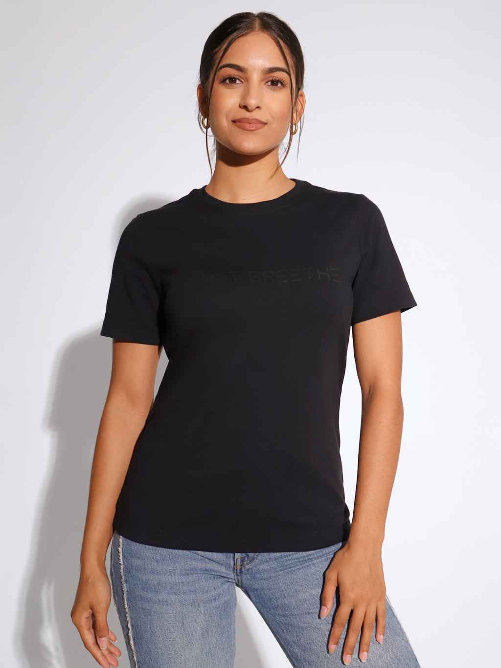 Women's Black Short Sleeve Cotton T-Shirt w Print