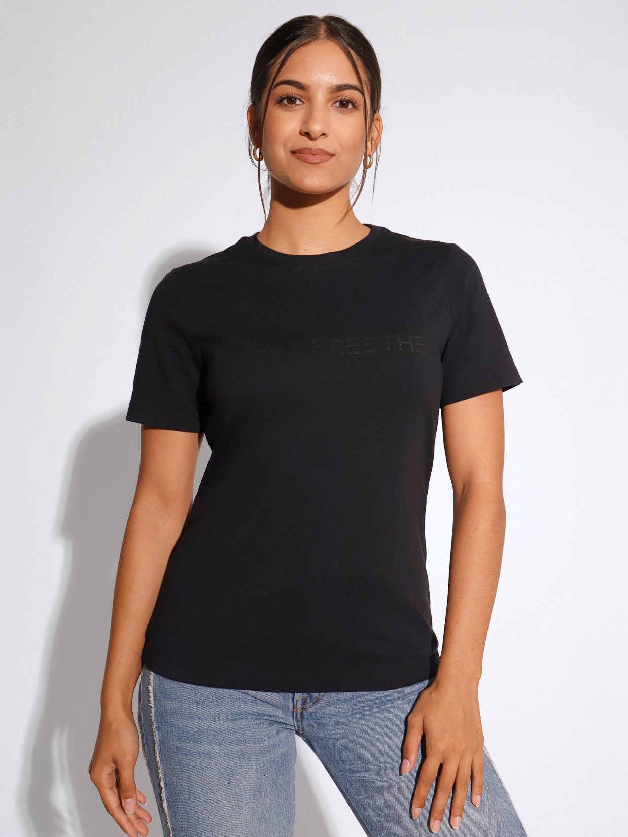 Women's Black Short Sleeve Cotton T-Shirt w Print