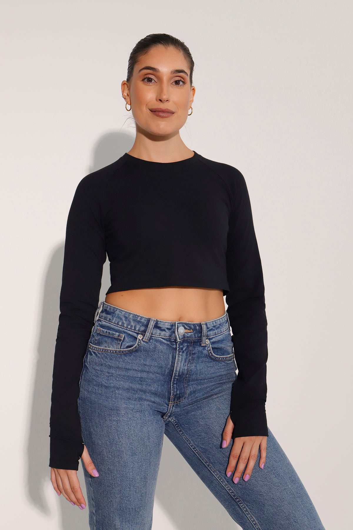 Long Sleeve Cotton Crop Top (with Thumb Hole)