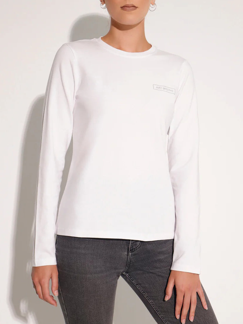 Women's White Long Sleeve Cotton T-Shirt with Print