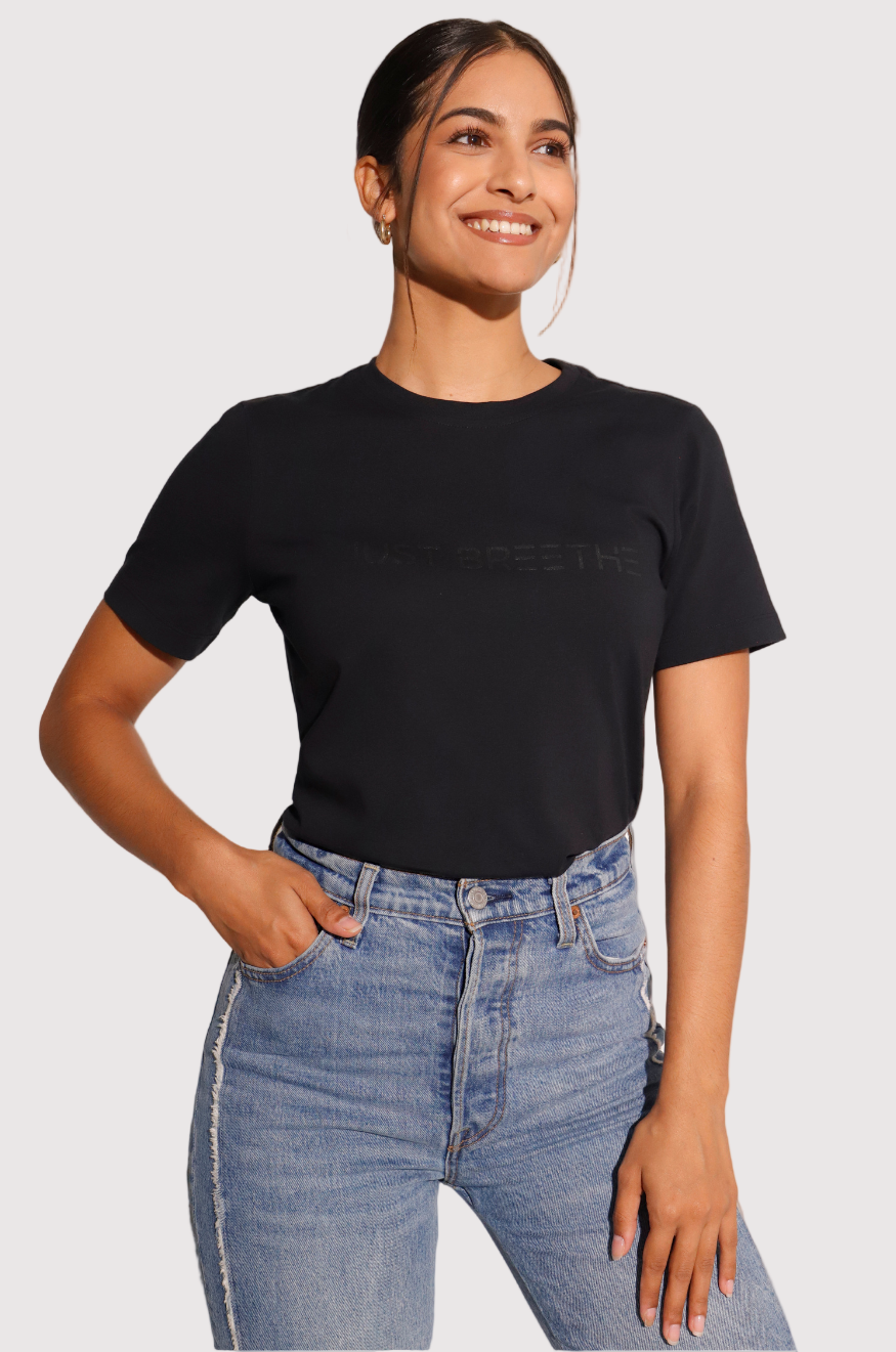Women's Black Short Sleeve Cotton T-Shirt w Print